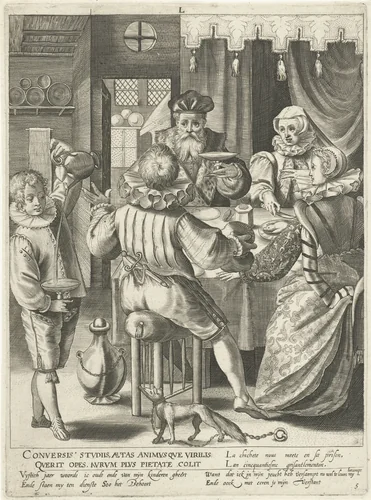 Vijfde levensfase van vijftig jaar met oudere man met vrouw en kinderen aan tafel by Assuerus van Londerseel, print, 1598-1602
