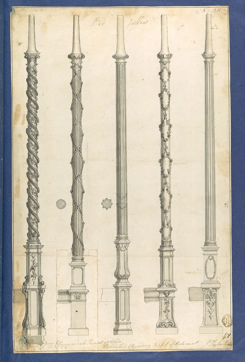 Bed Pillars, in Chippendale Drawings, Vol. I by Thomas Chippendale, drawing, 1762