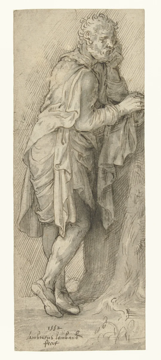 Staande man met zijn rechterarm rustend op een boomstronk by Lambert Lombard, drawing, 1552