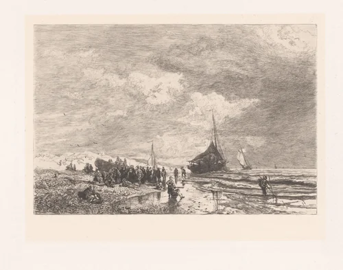 Strandgezicht bij eb by Amédée Paul Greux, print, 1863-1880