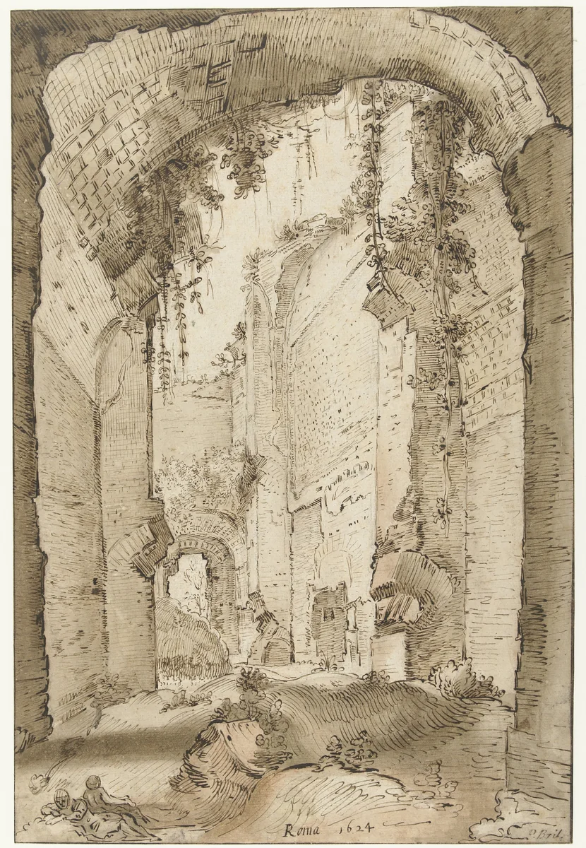 Ruïnes van het paleis van Septimus Severus op de Palatijn by Paul Bril, drawing, 1624