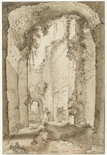 Ruïnes van het paleis van Septimus Severus op de Palatijn by Paul Bril, drawing, 1624