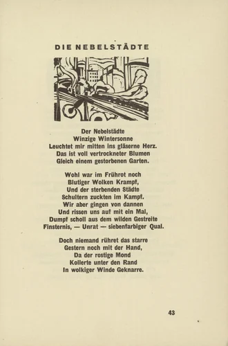 The Misty Cities (Die Nebelstädte) (headpiece, page 43) from Umbra vitae (Shadow of Life) by Ernst Ludwig Kirchner, illustrated book, 1924