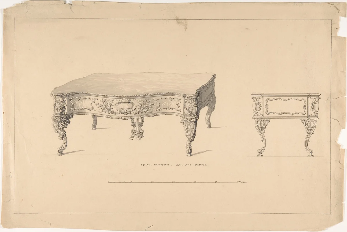 Design for Square Pianoforte, Louis Quatorze Style by Robert William Hume, drawing, 1835-1900