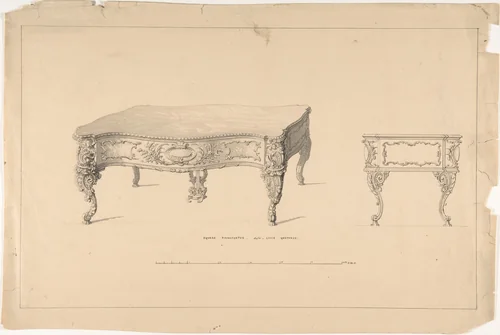 Design for Square Pianoforte, Louis Quatorze Style by Robert William Hume, drawing, 1835-1900