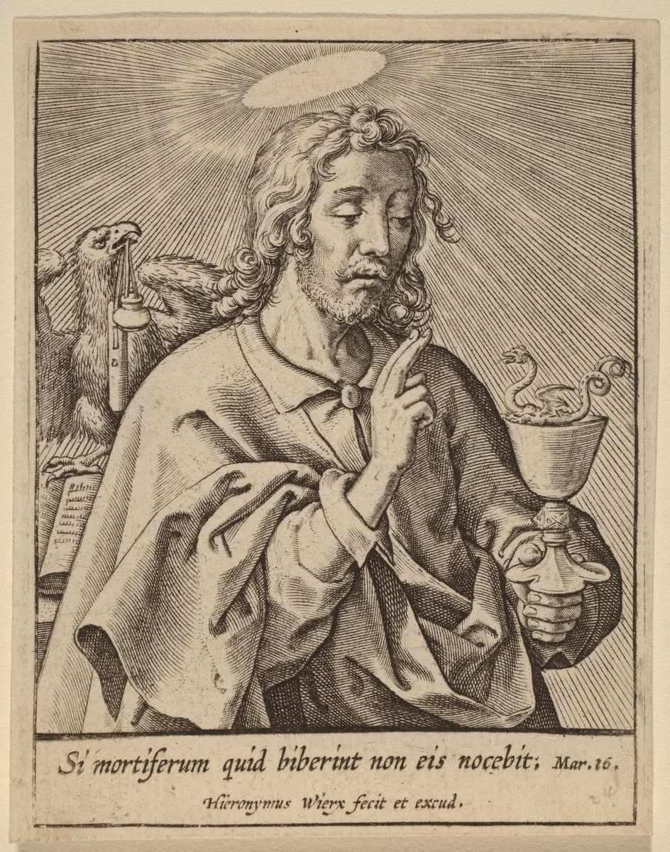 Si mortiferum quid biberint ... (Saint John the Evangelist) by Hieronymus Wierix, print, 1553-1619