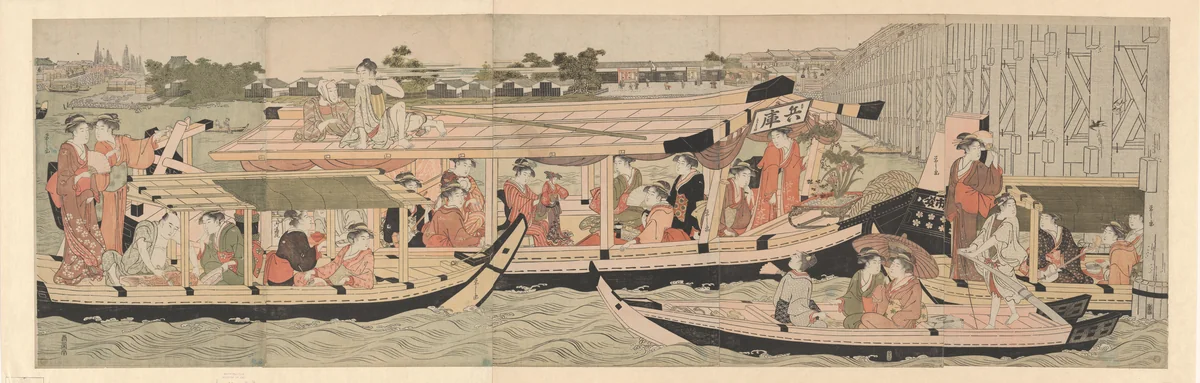 Pleasure Boats on the Sumida River beneath Shin-Ōhashi Bridge by Chōbunsai Eishi (鳥文斎栄之), print, 1782-1802