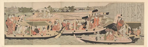 Pleasure Boats on the Sumida River beneath Shin-Ōhashi Bridge by Chōbunsai Eishi (鳥文斎栄之), print, 1782-1802