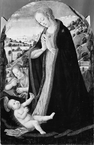The Virgin Adoring the Child with the Infant Saint John the Baptist by Jacopo del Sellaio, painting, 1487-1489