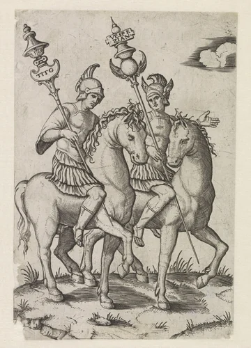 Romeinse keizers Titus en Vespasianus te paard by Marcantonio Raimondi, print, 1500-1527