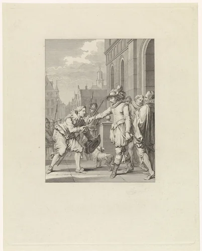 Oranje schenkt Goignies zijn zwaard, 1578 by Theodoor Koning, print, 1785
