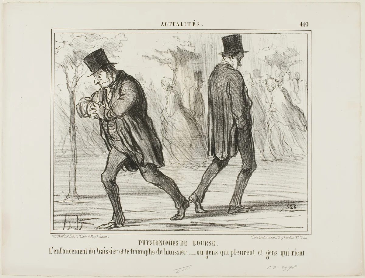 Physiognomy of the Stock Exchange. The despair of the baissier and the triumph of the haussier - or crying and laughing, plate 440 from Actualités by Honoré-Victorin Daumier, print, 1857