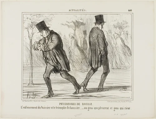 Physiognomy of the Stock Exchange. The despair of the baissier and the triumph of the haussier - or crying and laughing, plate 440 from Actualités by Honoré-Victorin Daumier, print, 1857