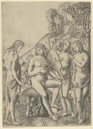 A young man, seated and playing the violin at centre, flanked by two woman holding flutes, another woman in the background by Marcantonio Raimondi, print, 1505-1515