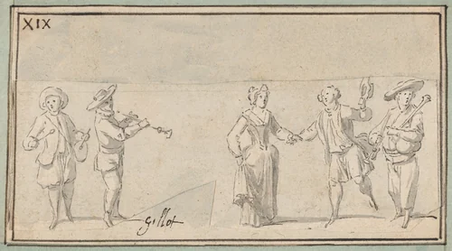 Peasant Musicians and Dancers by Claude Gillot, drawing, 1700-1722