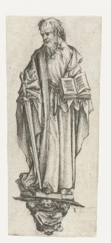 Heilige Paulus, staande op een console by Meester van het Amsterdamse Kabinet, print, 1485-1490
