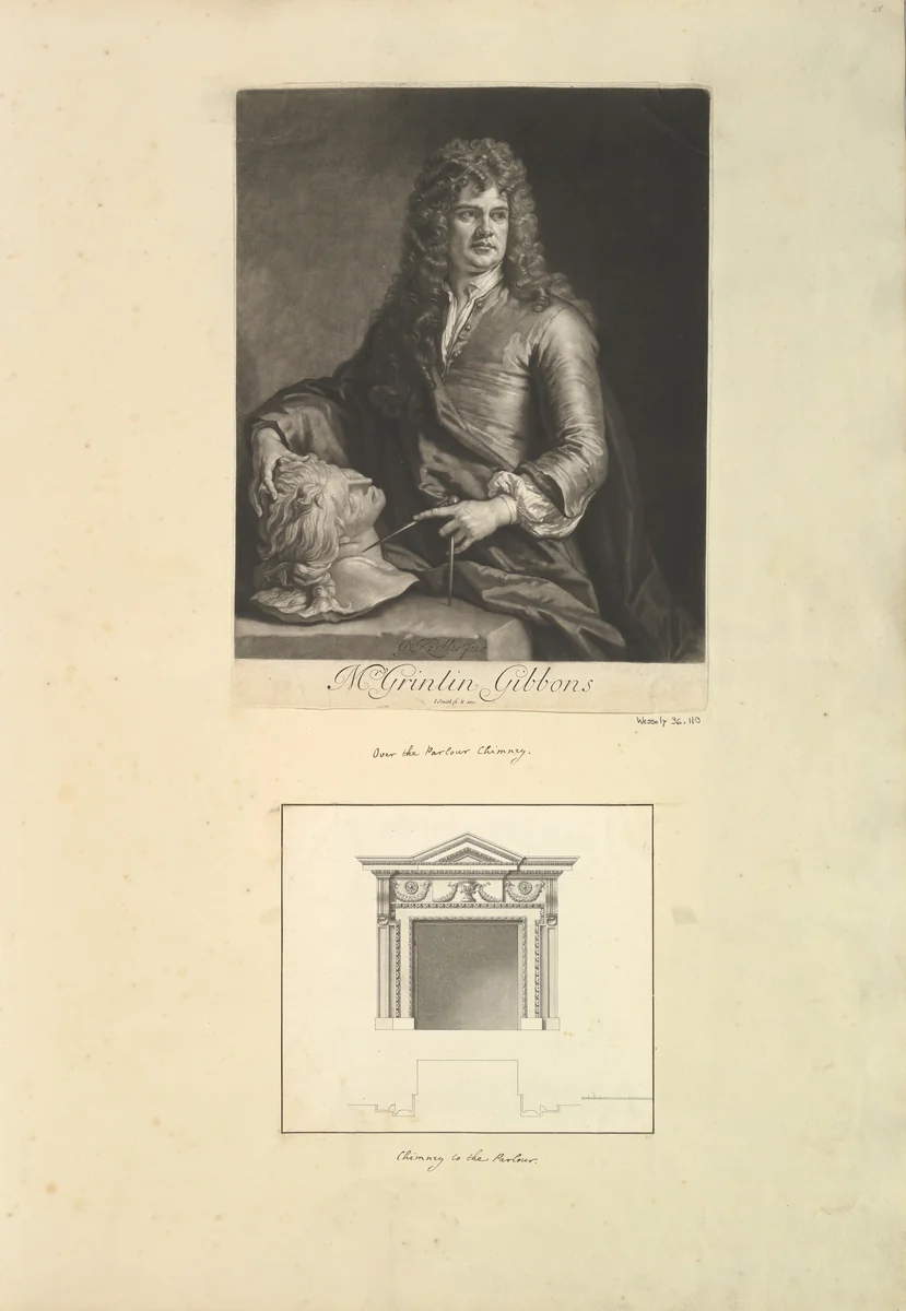 Leaf from Aedes Walpolianae mounted with a print and a drawing (a): Portrait of Grinling Gibbons; (b) Chimney to the Parlour, Houghton Hall, Norfolk by John Smith, print, 1690-1735
