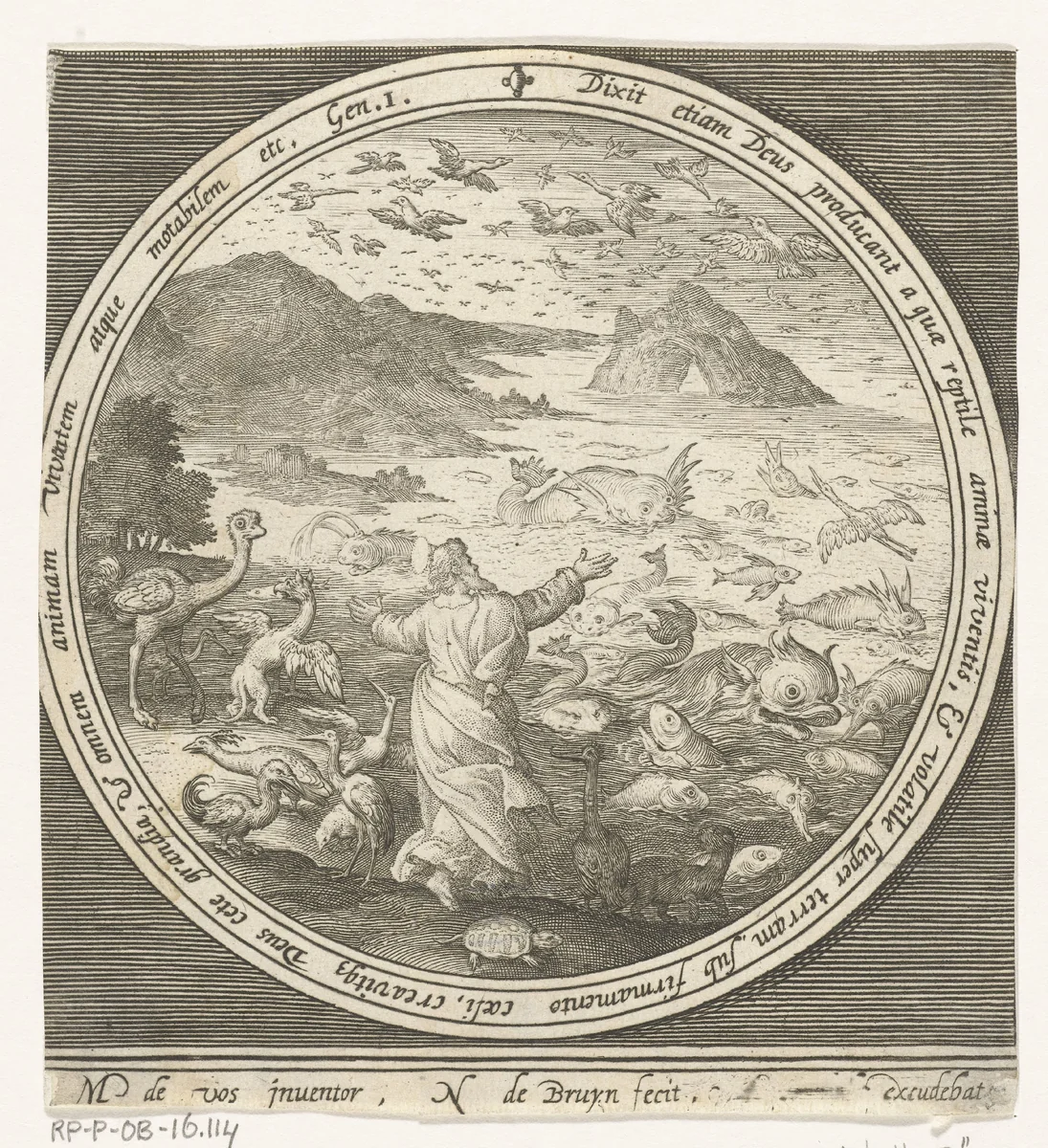Vijfde dag van schepping: God schept vissen en vogels by Unknown, print, 1581-1656