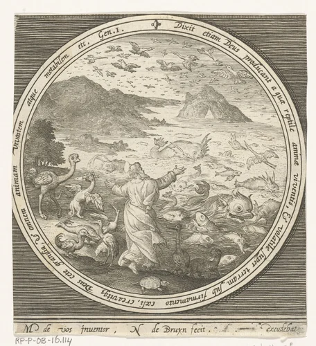 Vijfde dag van schepping: God schept vissen en vogels by Unknown, print, 1581-1656