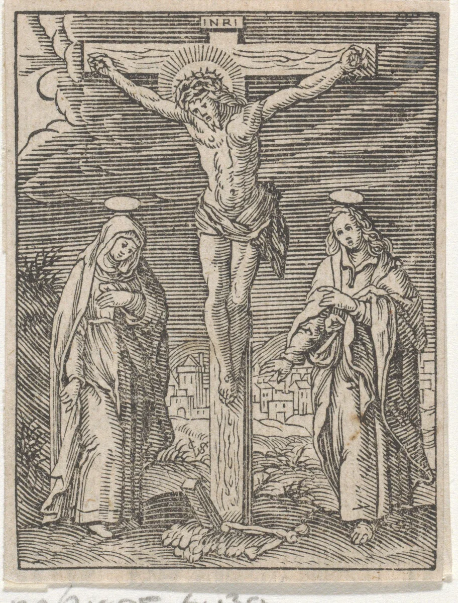 Christus aan het kruis met Maria en Johannes by Christoffel van Sichem, print, 1648