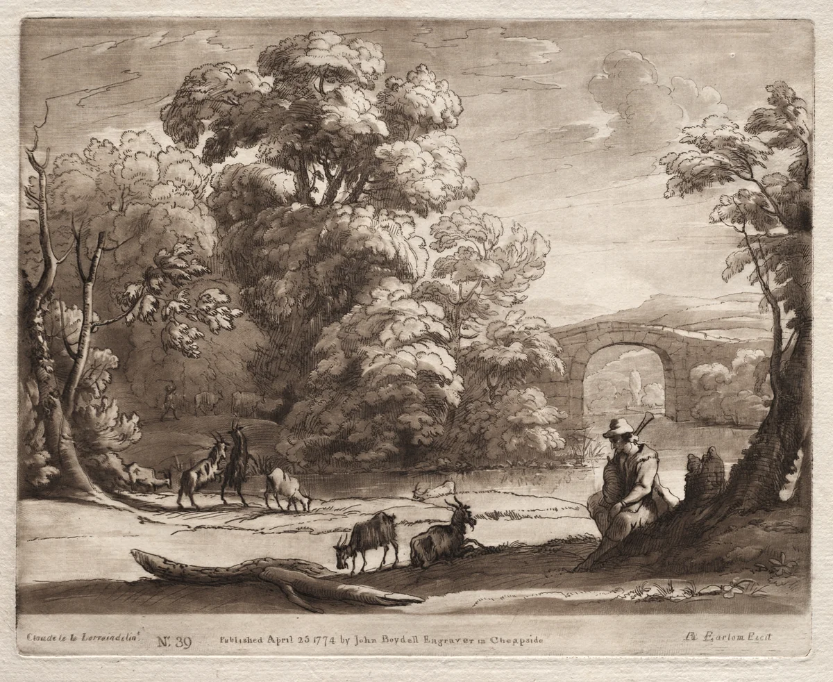 Liber Veritatis: No. 39, A Landscape with Herdsman Playing a Bagpipe and Goats Browsing by Richard Earlom, print, 1774