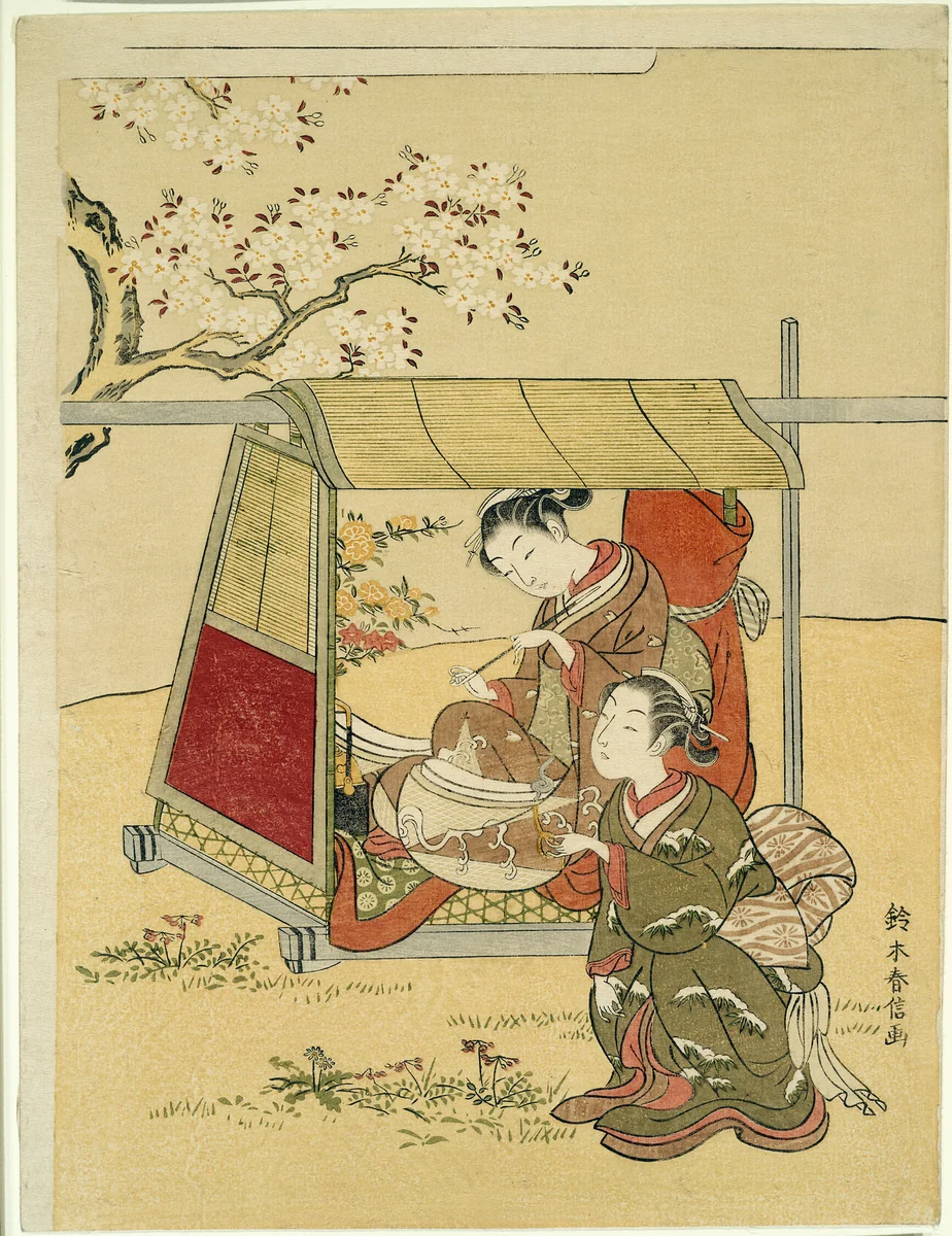 Resting in a Palanquin Beneath Cherry Blossoms by Suzuki Harunobu (鈴木春信), print, 1762-1773