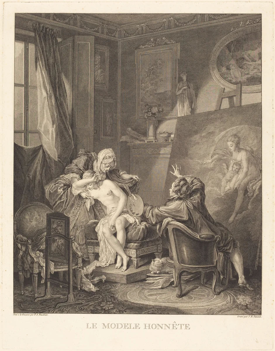 Le modèle honnête by Jean-Baptiste Blaise Simonet; Jean-Michel Moreau the Younger; Pierre-Antoine Baudouin, print, 1770-1772