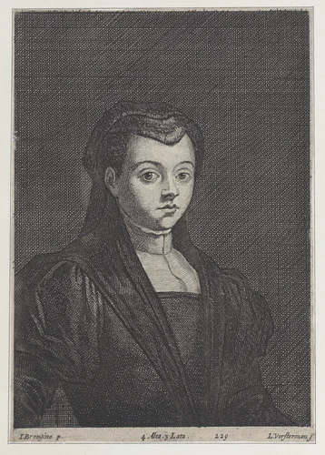 Portrait of a woman in black, with her hair covered by a headdress and a dark veil by Lucas Vorsterman II, print, 1650-1666