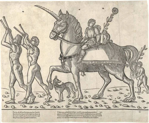Trumpeters leading Ceasar on horseback, from "The Triumph of Caesar" by Jacob, print, 1504