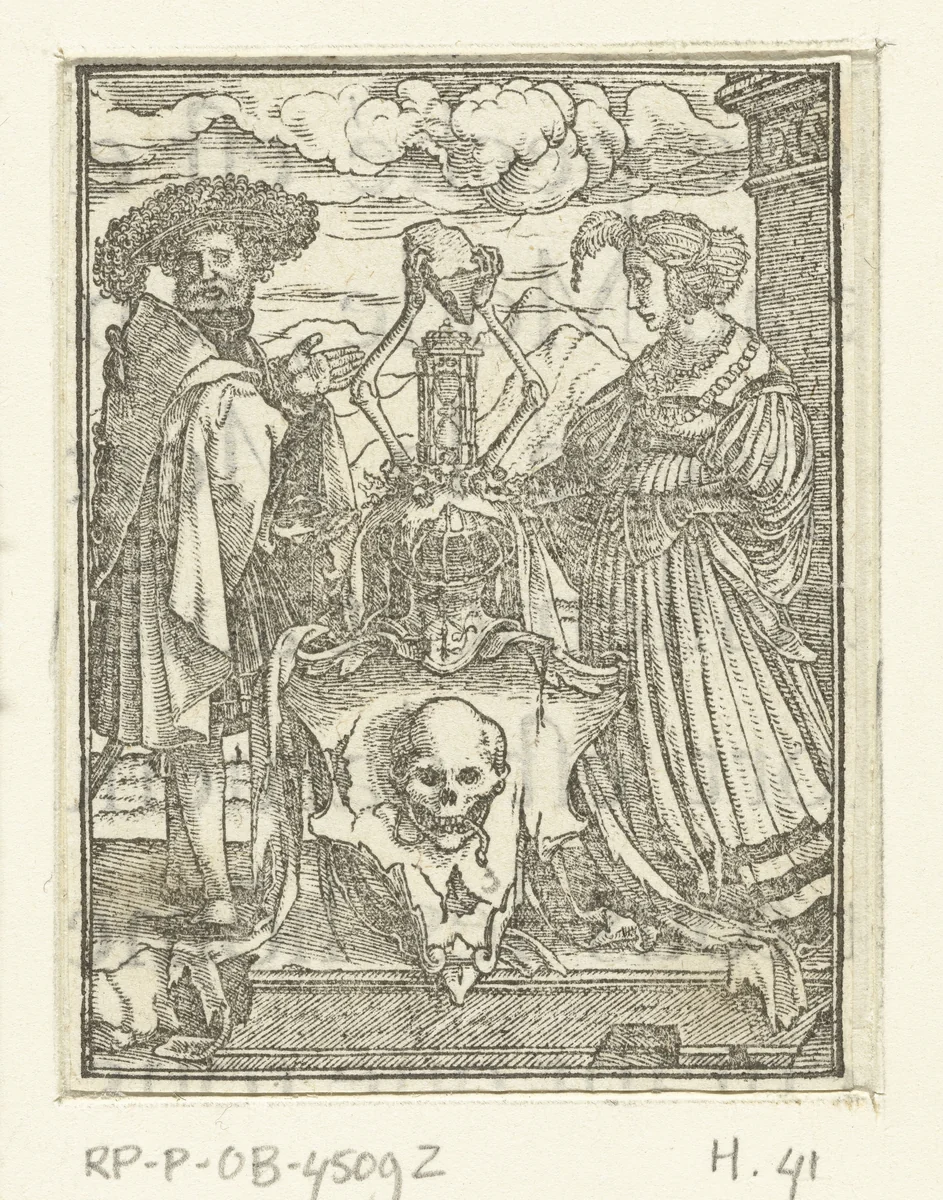 Wapen van de Dood geflankeerd door man en vrouw by Hans Holbein, print, 1524-1526
