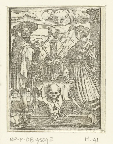 Wapen van de Dood geflankeerd door man en vrouw by Hans Holbein, print, 1524-1526