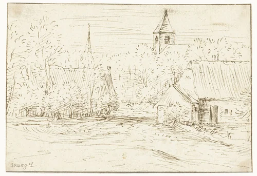 Boerderijen tussen bomen en twee kerktorens by Unknown, drawing, 1535