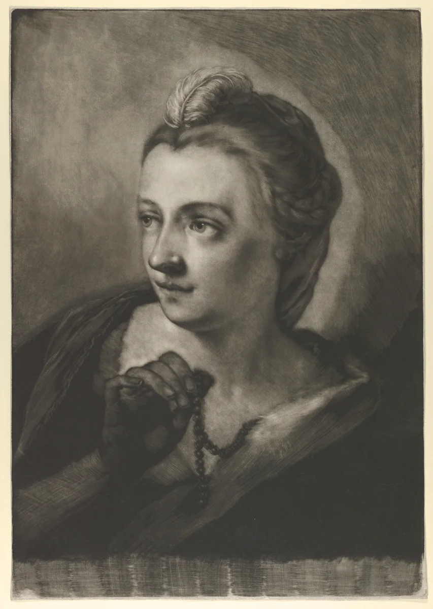 Girl Holding Up Her Necklace by Thomas Frye, print, 1760