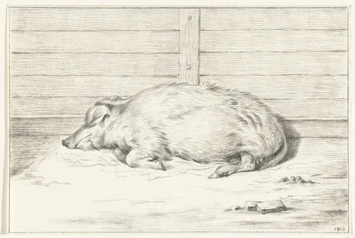 Liggend varken, naar links, tegen een beschutting by Jean Bernard, drawing, 1812