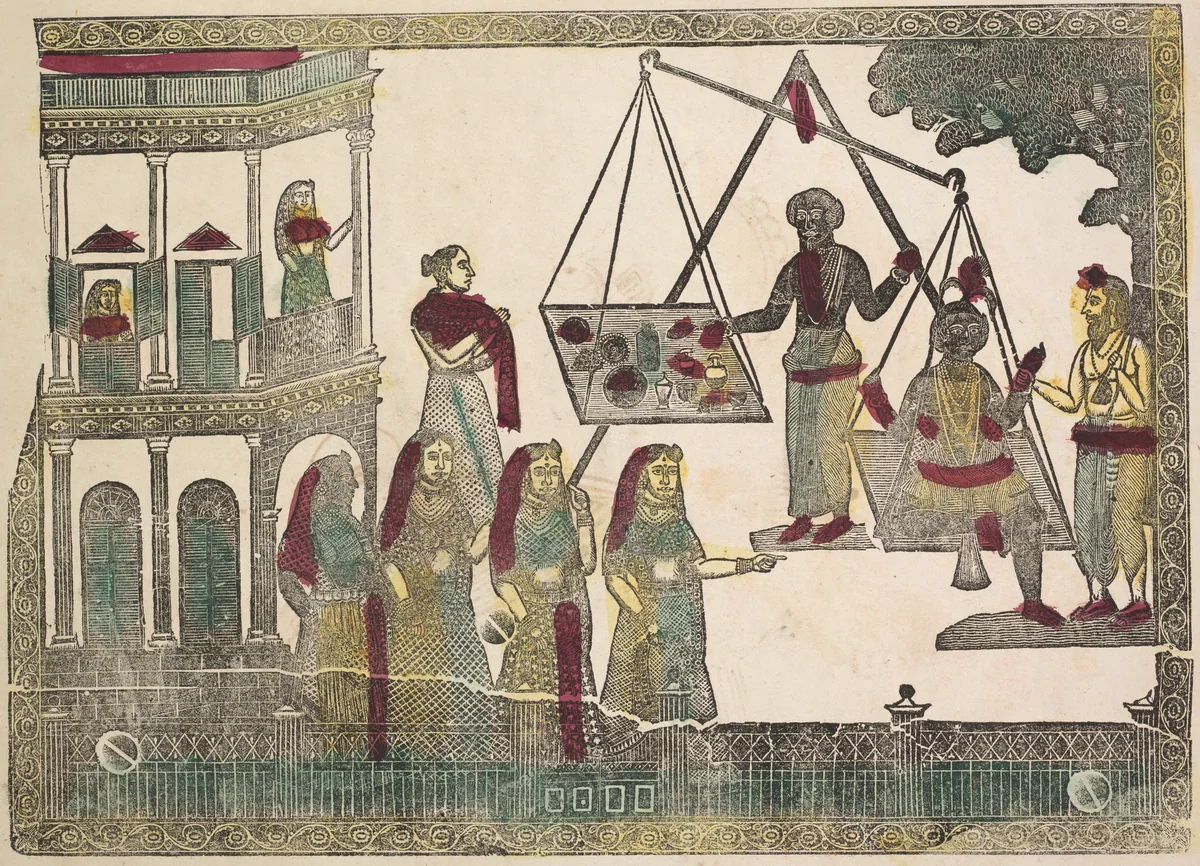 Krishna weighed against precious objects(?) (verso), from a Kalighat album by Shri Gobinda Chandra Roy, painting, 1875-1905