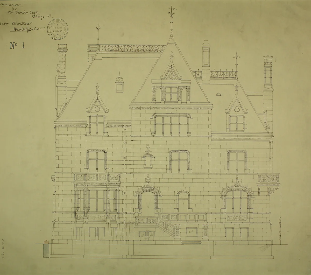 William Borden Residence, Chicago, Illinois, East Elevation by Richard Morris Hunt, drawing, 1885