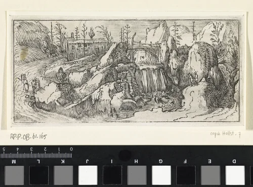 Rotsachtig landschap met een waterval by anonymous, print, 1614-1664
