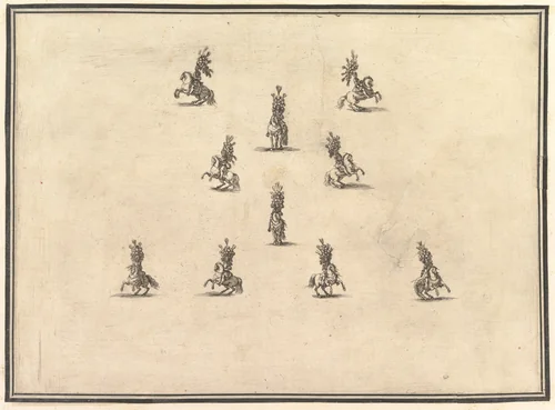 Four riders in a row at bottom, five riders forming a V above and another rider in the center, from "La Gara delle Stagioni" by Stefano della Bella, print, 1652