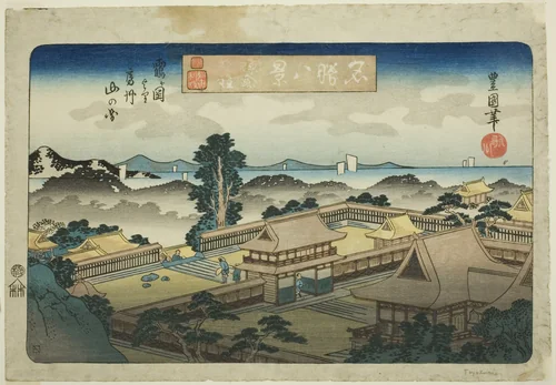 Evening Bell at Kamakura, View of the Mountains of Awa Province from Tsurugaoka (Kamakura bansho, Tsurugaoka yori Boshu yama no zu), from the series "Eight Views of Famous Places (Meisho hakkei)" by Utagawa Toyoshige, print, 1828-1839