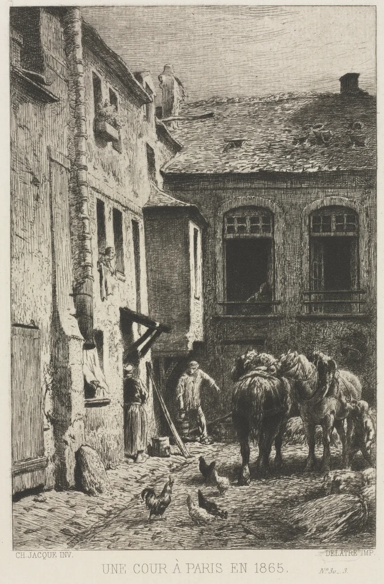 A Courtyard in Paris by Charles-Émile Jacque, print, 1865