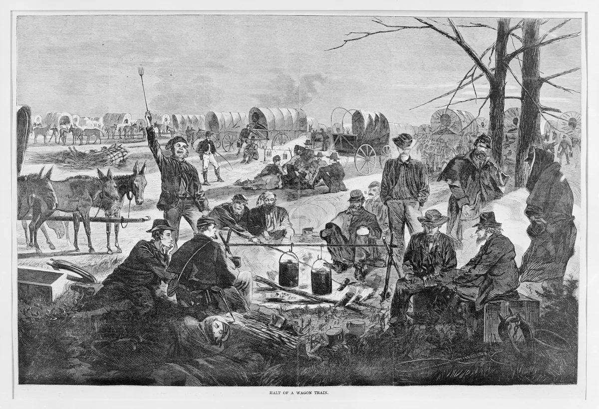Halt of a Wagon Train (from "Harper's Weekly," Vol. VIII) by Winslow Homer, print, 1864