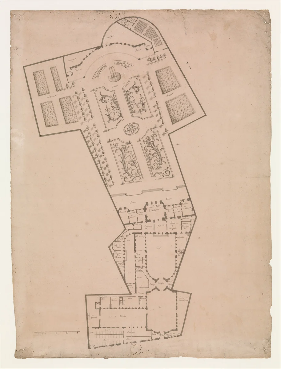 Plan of a Hotel and Garden by anonymous, drawing, 1680-1730
