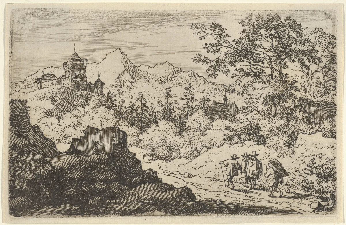 The Three Men and the Porter by Allart van Everdingen, print, 1621-1675