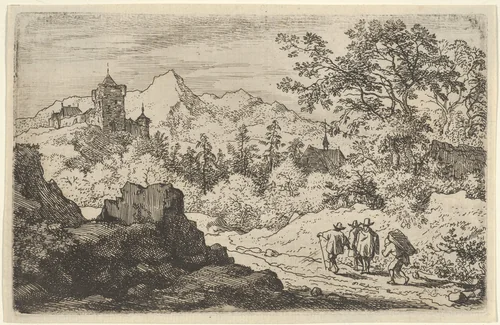 The Three Men and the Porter by Allart van Everdingen, print, 1621-1675