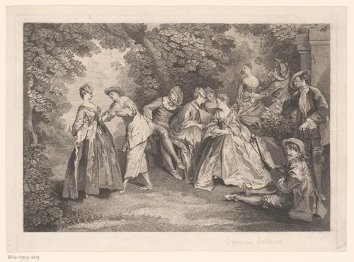 Parklandschap met elegant gezelschap by Gérard Jean Baptiste Scotin, print, 1681-1716