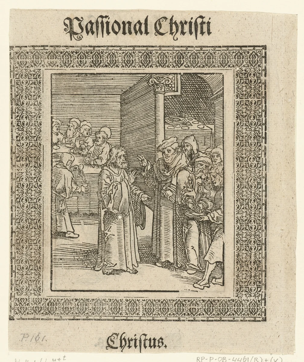 Christus gebruikt maaltijd bij Farizeeër en weigert handen te wassen by Lucas Cranach, print, 1521-1522