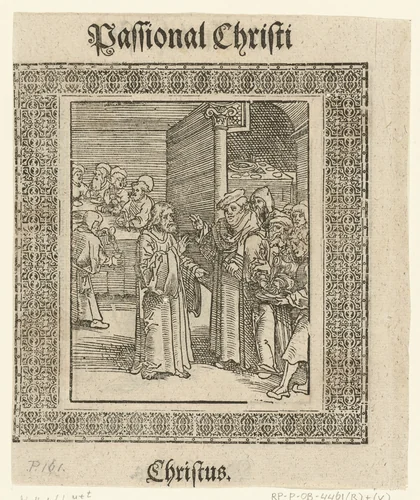 Christus gebruikt maaltijd bij Farizeeër en weigert handen te wassen by Lucas Cranach, print, 1521-1522