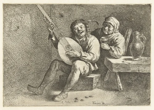 Luitspeler en oude vrouw by Cornelis Pietersz. Bega, print, 1642-1664