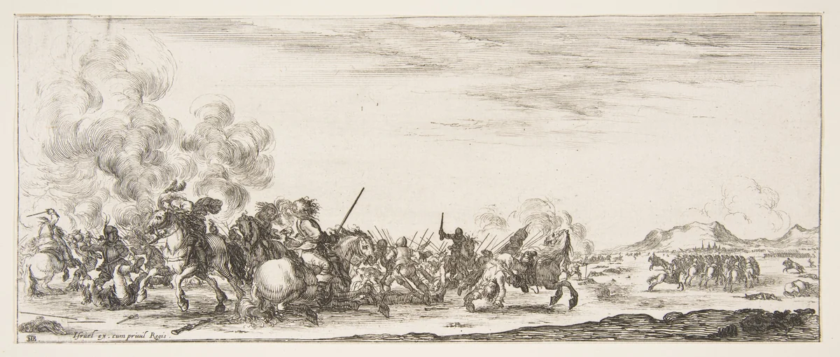 A battle on horseback, from "Peace and War" (Divers desseins tant pour la paix que pour la guerre) by Stefano della Bella, print, 1636-1646