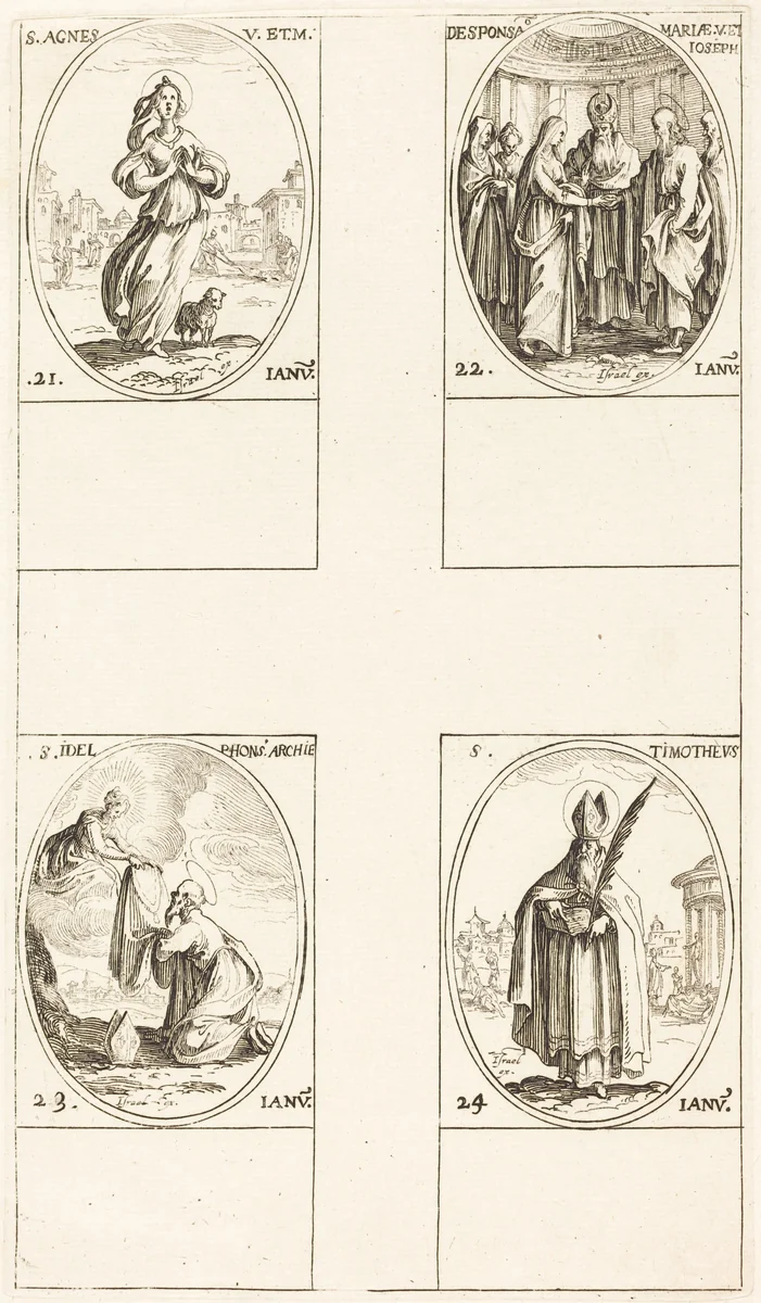 St. Agnes; The Marriage of the Virgin; St. Ildefonsus; St. Timothy by Jacques Callot, print, 1627-1637